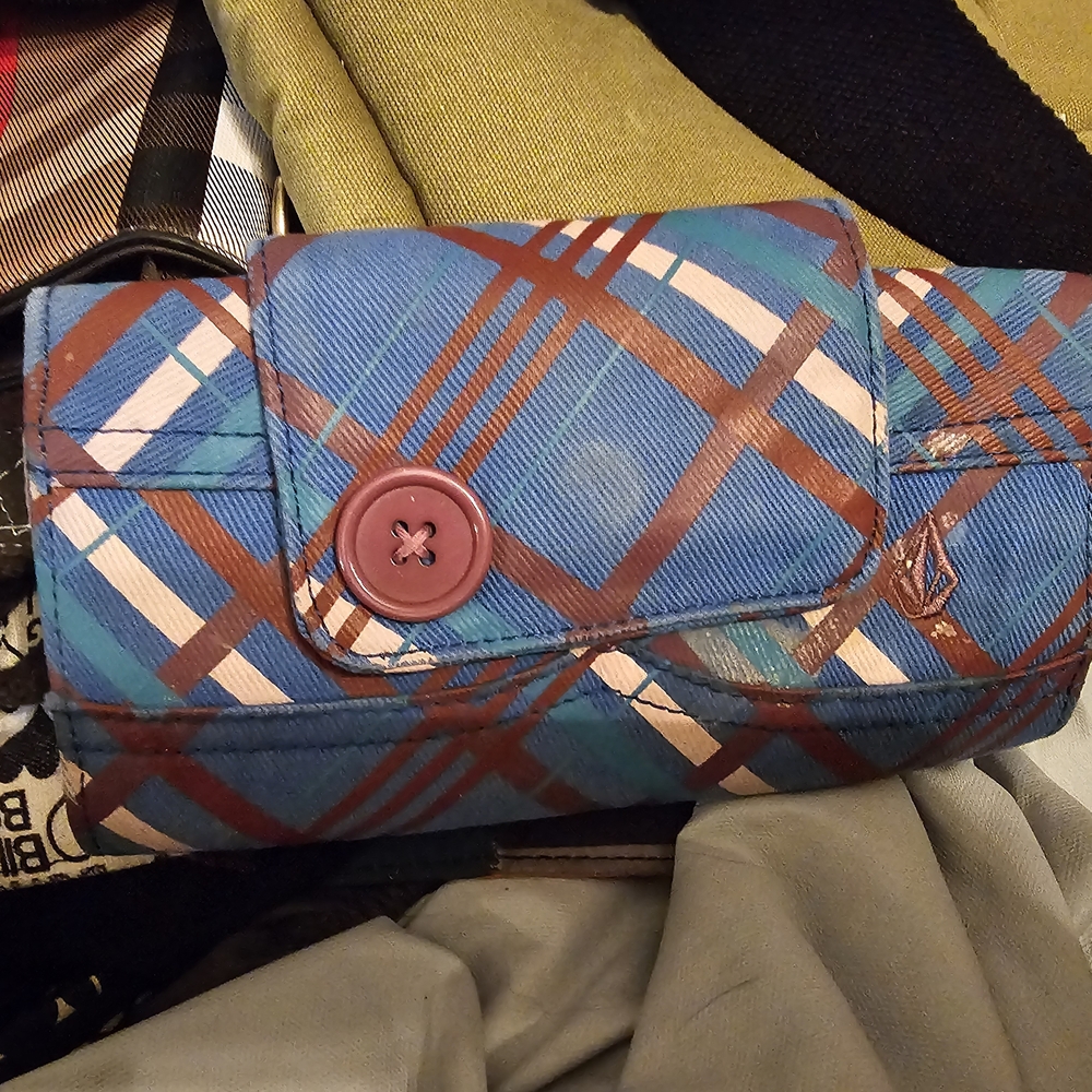 Volcom Plaid Blue and Brown Wallet with Button Detail